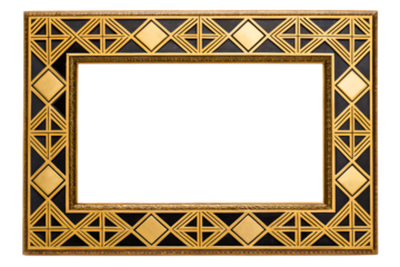 Photo frame with a geometric gold and black design isolated with transparent background