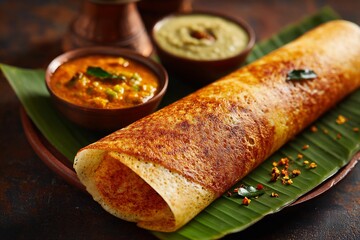 South Indian dosa coconut chutney and sambar crispy golden thin pancake rolled on a banana leaf traditional restaurant setting detailed food photography