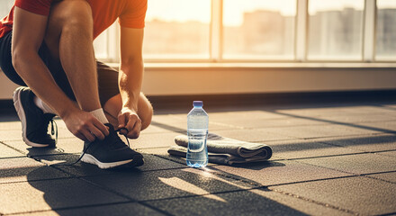 Athlete tying shoelaces before training in gym