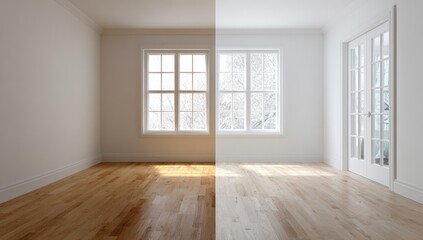 Obraz premium Empty room with two windows, one lit, one shadowed