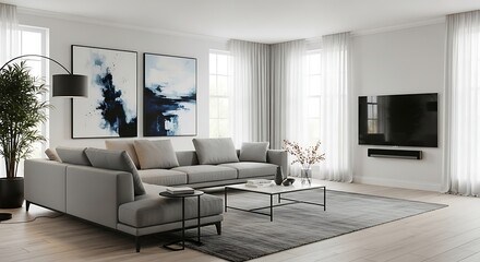 Fototapeta premium Modern living room with grey sofa
