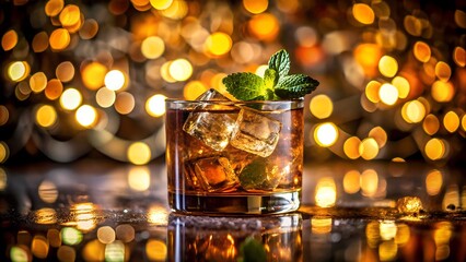 Photo of a refreshing glass of iced tea or cola with ice cubes and mint leaves, set against a blurred background of warm bokeh lights, creating a cozy ambiance