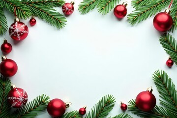 Festive red, green & white ornaments and branches form a charming Christmas border , holly, christmas frame, ribbon