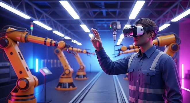 Factory worker uses VR headset to control robotic arms in factory virtual reality technology - Powered by Adobe