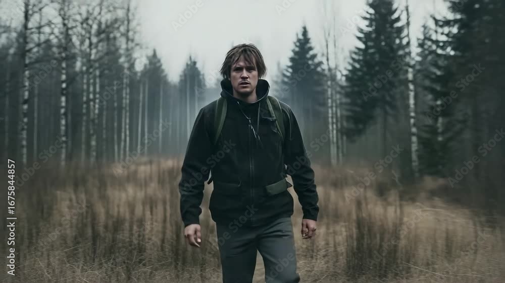 Poster man walking through a misty forest path