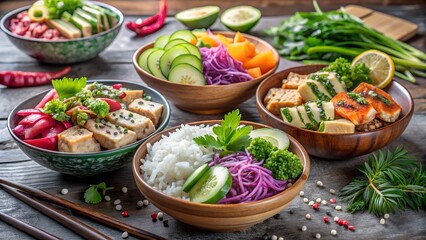 Photo of assortment of colorful poke bowls with tofu, rice, cucumber, and vegetables, served in wooden bowls with chopsticks, asian cuisine
