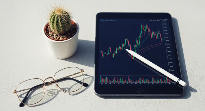 Tablet with financial charts and glasses on desk
