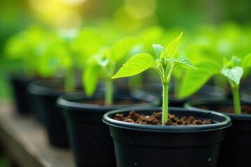 Vibrant green tomato seedlings in black plastic pots, ready for transplanting , young plants, vegetable garden, agriculture