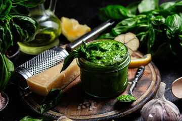 Homemade Pesto Sauce in a Jar with Fresh Ingredients
