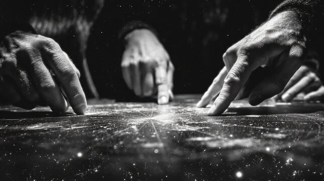 High-contrast artistic close-up of the three Magi&rsquo;s hands pointing to the same sacred spot on a star chart, symbolizing unity, prophecy, shared wisdom, and divine guidance.
