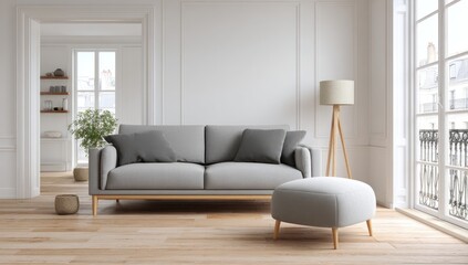 Fototapeta premium Light-filled, modern living room with a gray couch and ottoman