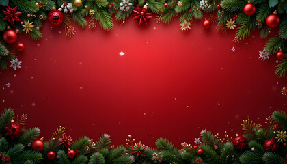 Christmas background with pine branches, golden ornaments, and red festive decoration.