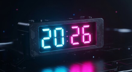 Modern digital clock with neon glow displaying time, perfect for futuristic tech and design projects