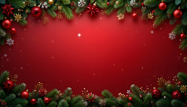 Christmas background with pine branches, golden ornaments, and red festive decoration. - Powered by Adobe
