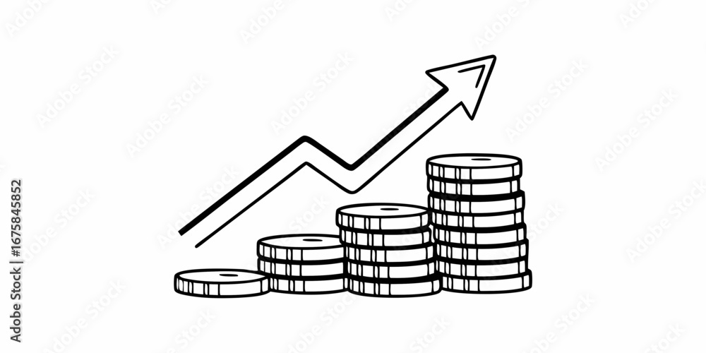 Poster a simple line drawing of stacks of coins increasing with an upward trending arrow showing growth