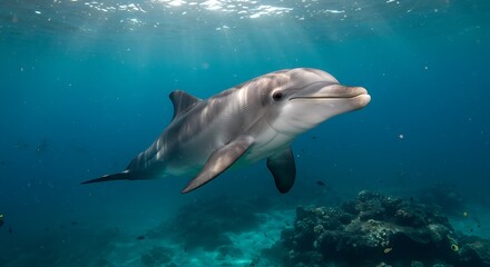 A graceful dolphin glides through the vibrant, azure waters of a coral reef, bathed in the warm sunlight.