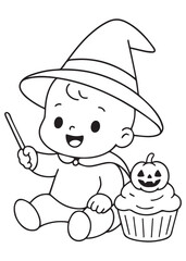coloring book baby witch holding wand sitting with pumpkin and halloween cupcake