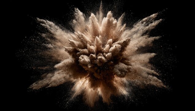A beige-brown powder explosion against a black background