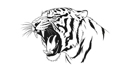 Fierce roaring tiger head illustration in black and white.