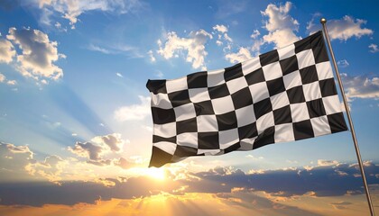 Checkered racing flag waving with bright sun and blue sky background