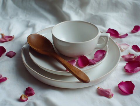 High-definition, high-resolution photograph of a set of white ceramic dinnerware&mdash;a plate, bowl, and cup&mdash;on a white linen tablecloth. A single hand-carved wooden spork rests on the plate, with a scatte