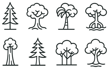 Trees linear icon set. featuring pine, oak, palm, mangrove, redwood, spruce, deciduous, and willow symbols