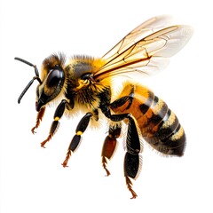 Honeybee in flight against white background