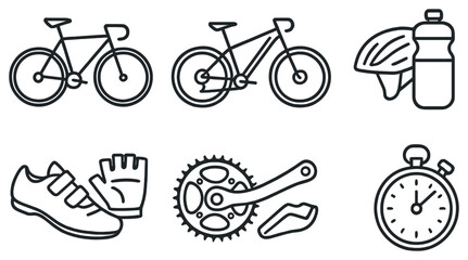 Cycling linear icon set. featuring road bike, mountain bike, helmet, water bottle, shoes, gloves, stopwatch