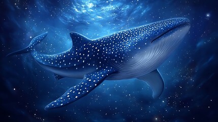 A magnificent whale swims in a deep blue ocean filled with twinkling stars.