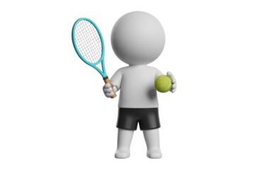 A 3D rendered image of a tennis player holding a racquet and ball. background removed