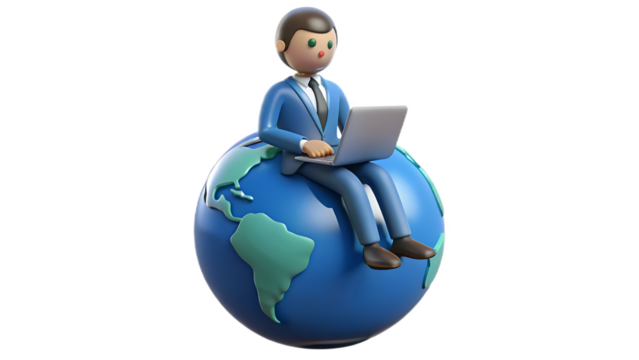 Cartoon businessman sitting on globe with laptop isolated on transparent background, showcasing global business, online work, and digital communication