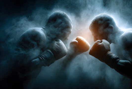 Two professional boxer boxing on black smoky backgrond,