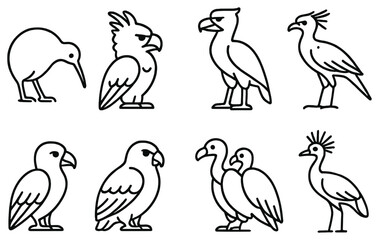 Fototapeta premium Exotic birds linear icon set. featuring kiwi, parrot, eagle, toucan, vulture, cockatoo
