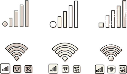 Connectivity icon set, signal strength indicators, Wi-Fi symbols, mobile device modes, airplane mode, UI vector design, network status graphics