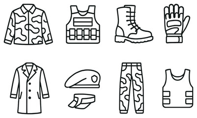 Military gear linear icon set. featuring jacket, vest, boots, gloves, coat, cap, pants