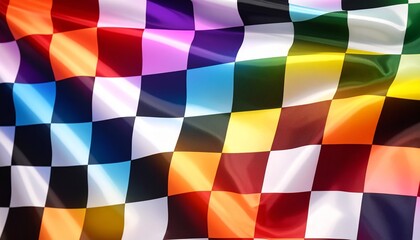 Colorful rainbow checkered flag waving with bright light