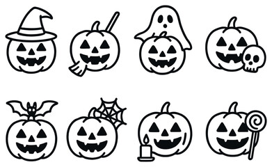 Halloween pumpkins linear icon set. featuring witch, broom, ghost, skull, bat, spider, candle, lollipop