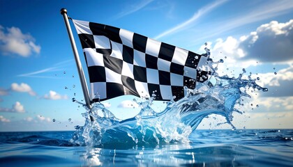 Checkered racing flag splashing out of water with blue sky
