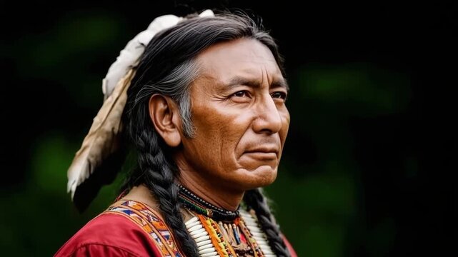 Native American man in traditional attire reflects outdoors
