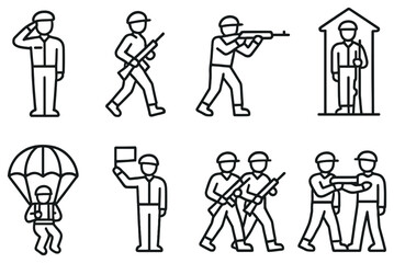 Military actions linear icon set. featuring salute, march, aim, guard, parachute, signal, patrol
