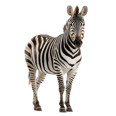 Full body portrait of a standing zebra with distinctive black and white stripes isolated on transparent background