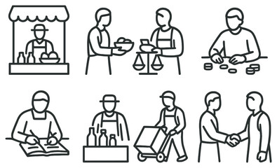 Market occupations linear icon set. featuring vendor, cashier, accountant, server, mover, and handshake icons