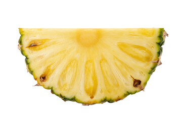 A single slice of ripe pineapple, isolated on a transparent background, showcasing its juicy, yellow flesh and green rind. background removed
