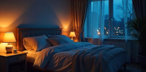 Serene bedroom scene at night, soft glow from a bedside lamp illuminating a softly made bed with pillows and blankets Peaceful, quiet atmosphere ideal for relaxation and sleep , dark, home