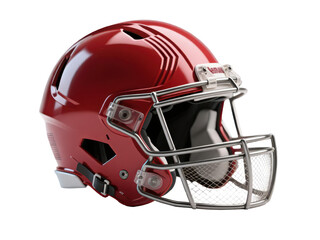 Fototapeta premium A shiny, red football helmet with a metallic faceguard, isolated on white.
