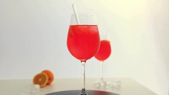 Aperol Spritz Cocktail, verziert mit Eisw&uuml;rfeln, einer frischen Orangenscheibe und einem stilvollen Trinkhalm. Die Szene wird in einer sanften 360-Grad-Drehbewegung im Uhrzeigersinn pr&auml;sentiert