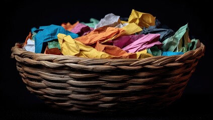 Obraz premium Colorful scraps of paper and fabric in a woven basket