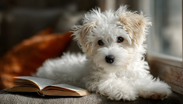 Adorable white puppy pretends read book relaxing on ofa. Fluffy pet, soft fur,cute eyes looks. Whimsicalmoment of home comfort, reaxation. Sunny afternoon, weet expression, joyful, payful.