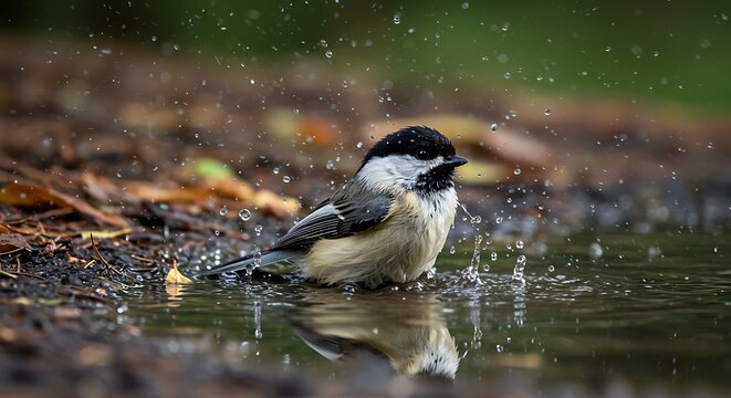 A charming chickadee bathes in a puddle, surrounded by raindrops and autumnal foliage.