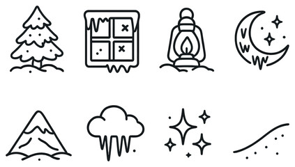 Fototapeta premium Winter season linear icon set. featuring tree, window, lantern, moon, mountain, cloud, stars, snow